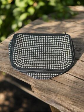 Black Crystal-Stud Key & Card Pouch - Sleek Women's Accessory